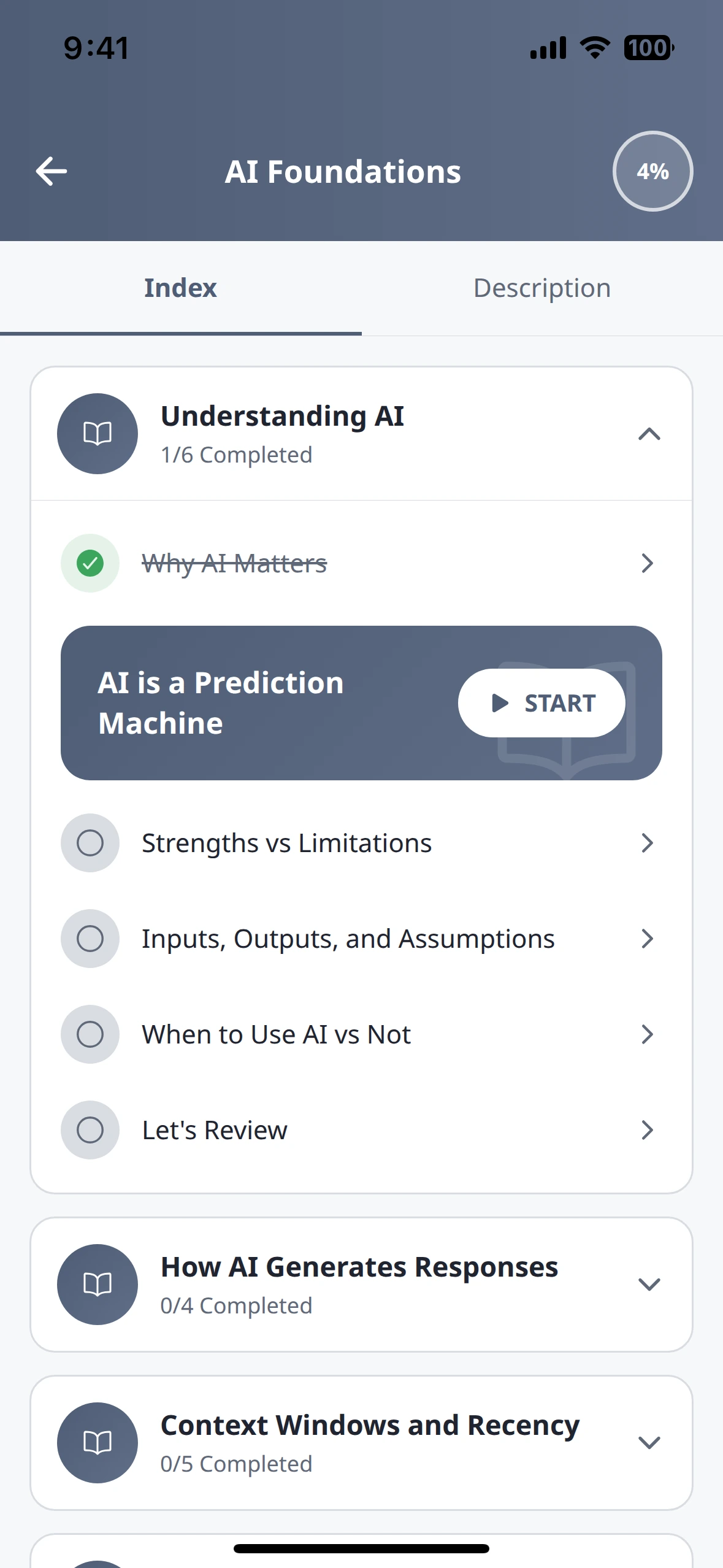 A course screen of the ChatGPT Tutorial app, with its modules and lessons